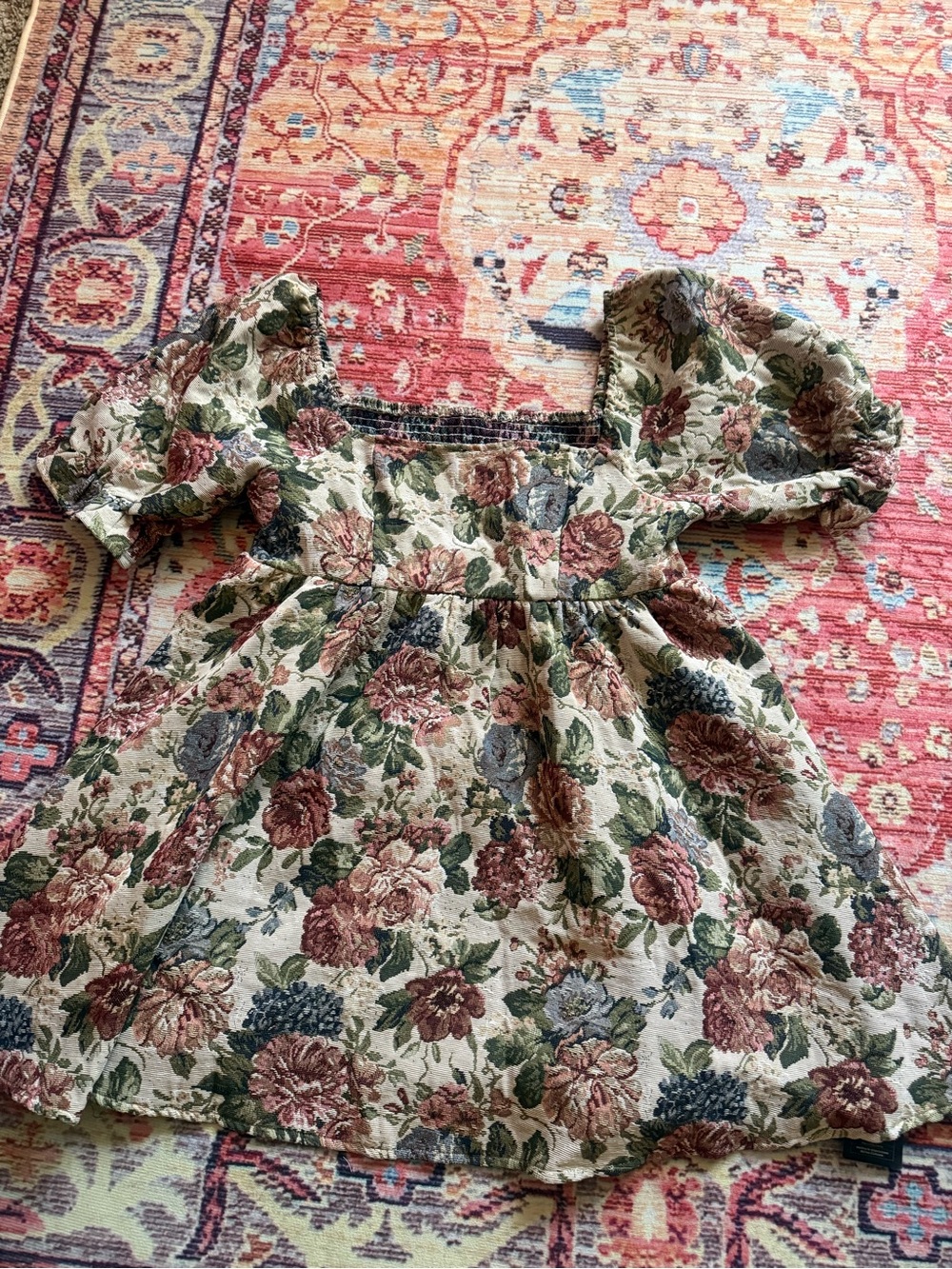 SHEIN Floral Puff-Sleeve Mini Dress in Cream, Green & Rose